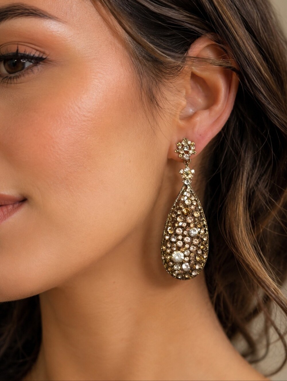 Large Dramatic Earrings Elongated Teardrop Crystal Embellished Cocktail Jewelry